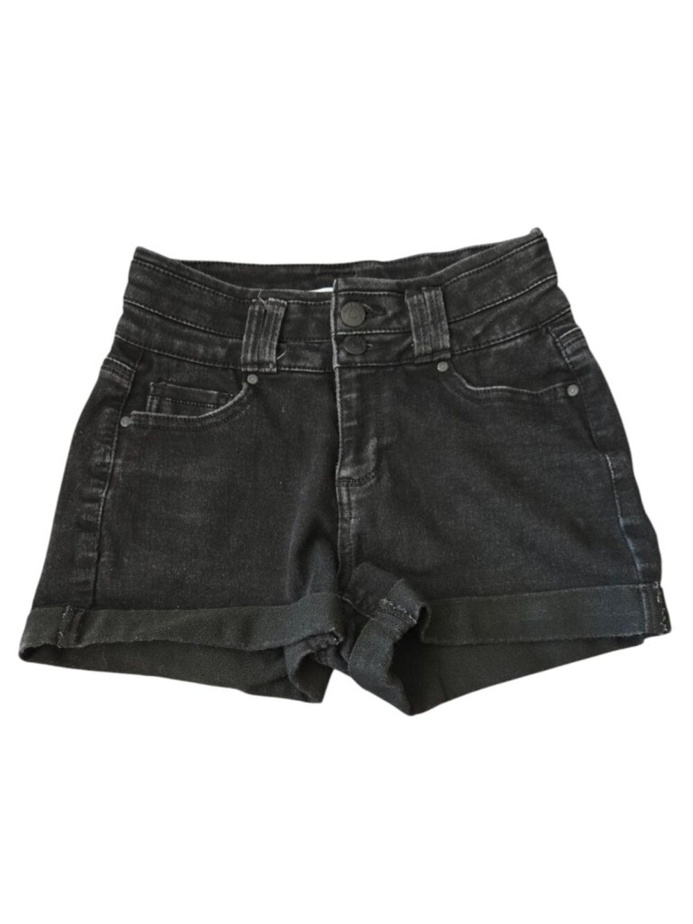 Blue Spice Black Denim Shorts Size 0 Cuffed Stretch Midrise Double Button Jeans